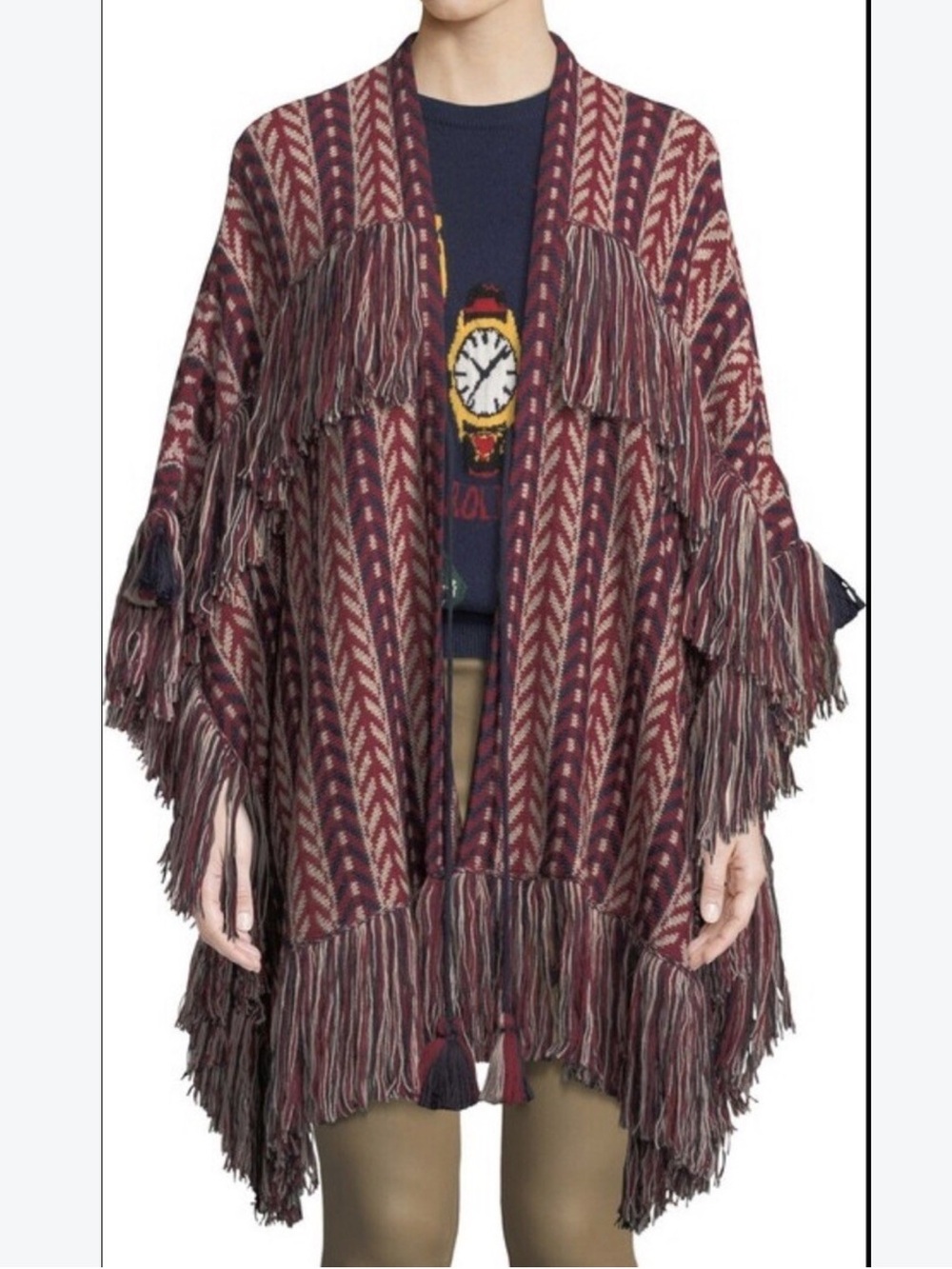 FIGUE Burgundy Fringe-Trim Open Front Shawl